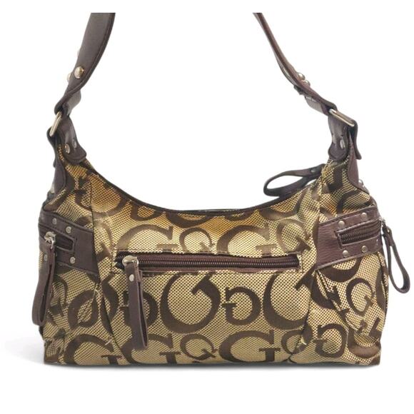 Vintage GUESS Purse Baguette Shoulder Bag Signature Brown Tan Silver Y2K - Picture 2 of 6